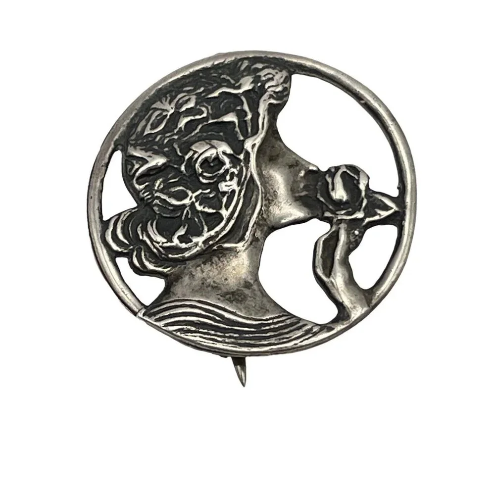 VTG Art Deco‎ Nouveau Style Goddess Women Flower 925 Silver Brooch Pendant READ